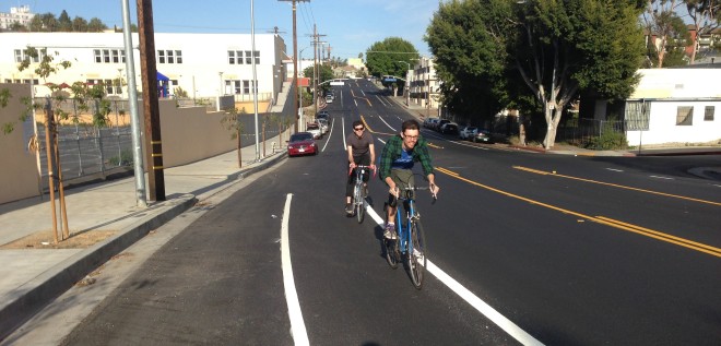 New bike lanes on First Street, immediately adjacent to Los Angeles Eco-Village